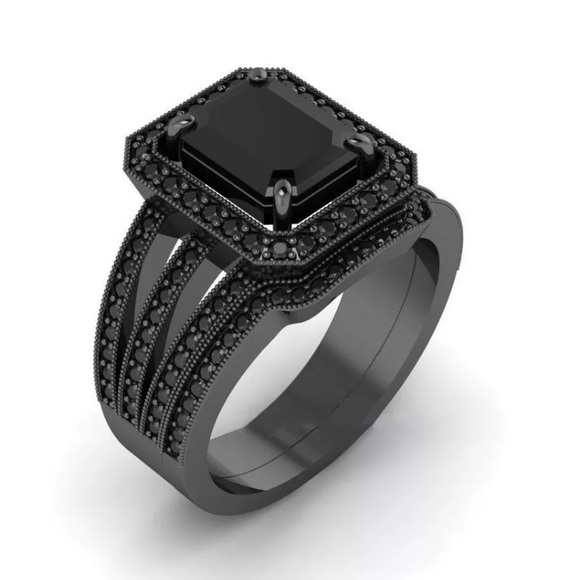 Black Emerald Cut Halo Puzzle Wedding Ring Set - Picture 2 of 7
